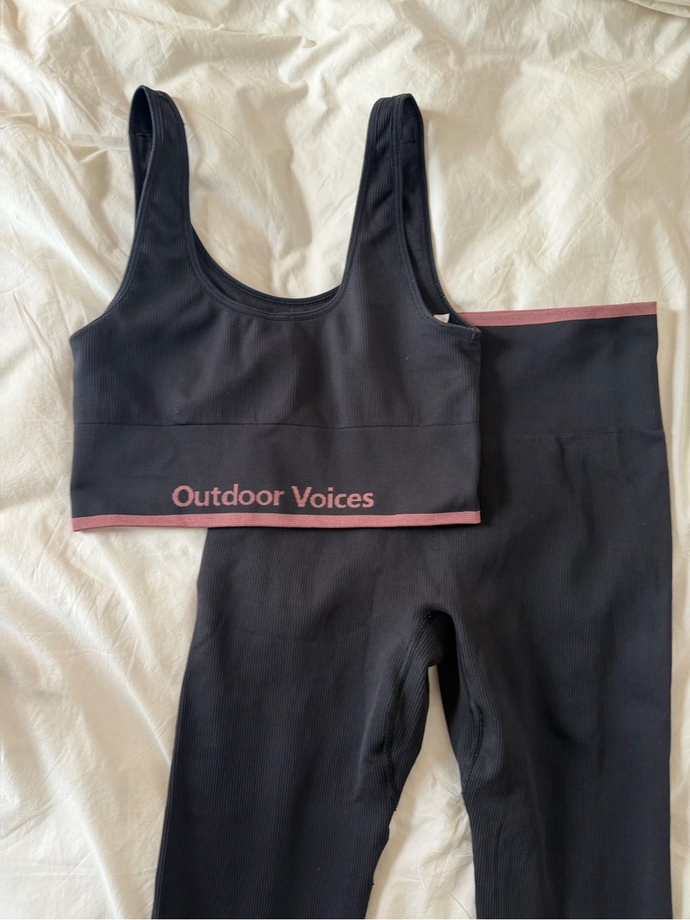 Outdoor Voices Black Ribbed Sports Bra & Legging Set with Pink Trim and Logo